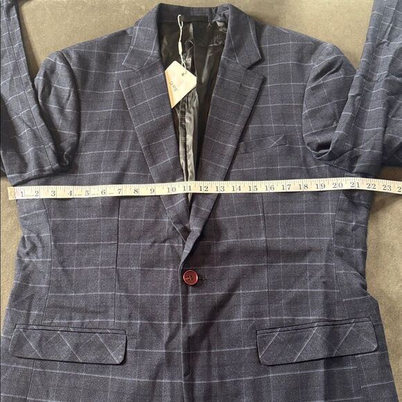 Men’s Dark Blue Plaid Slim Fit 3 Piece Business Formal Suit Jacket 42 Pants 40 - Picture 7 of 14